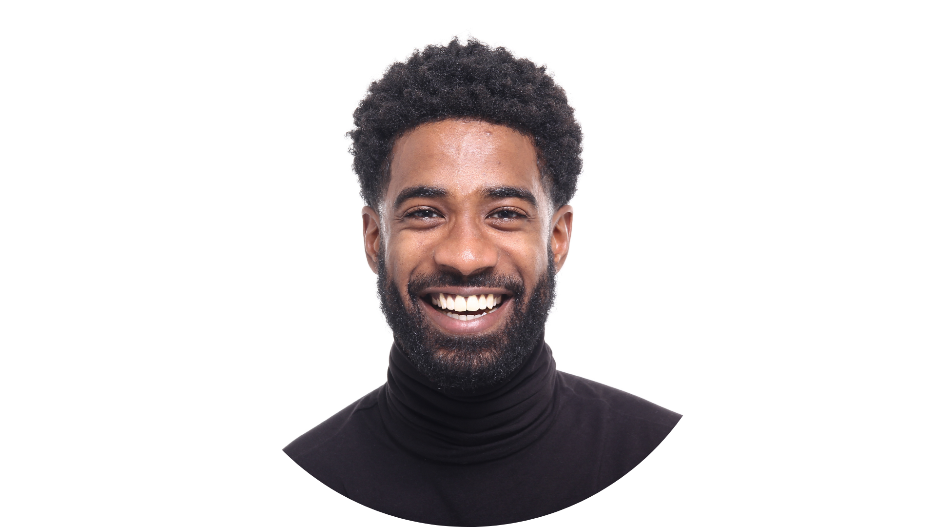 Smiling man with curly hair wearing a black turtleneck, exuding confidence and warmth